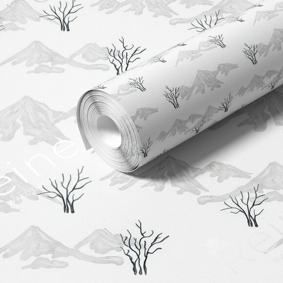 Black and White Mountains and Trees Illustration Wallpaper - Picture 2 of 9